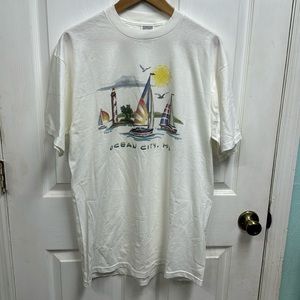 Vintage Ocean City Maryland T-shirt Mosaic Sailboat and Lighthouse Scene
